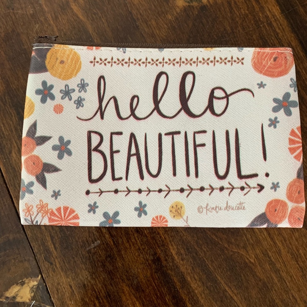Floral Print Pouch with 'Hello Beautiful' Text